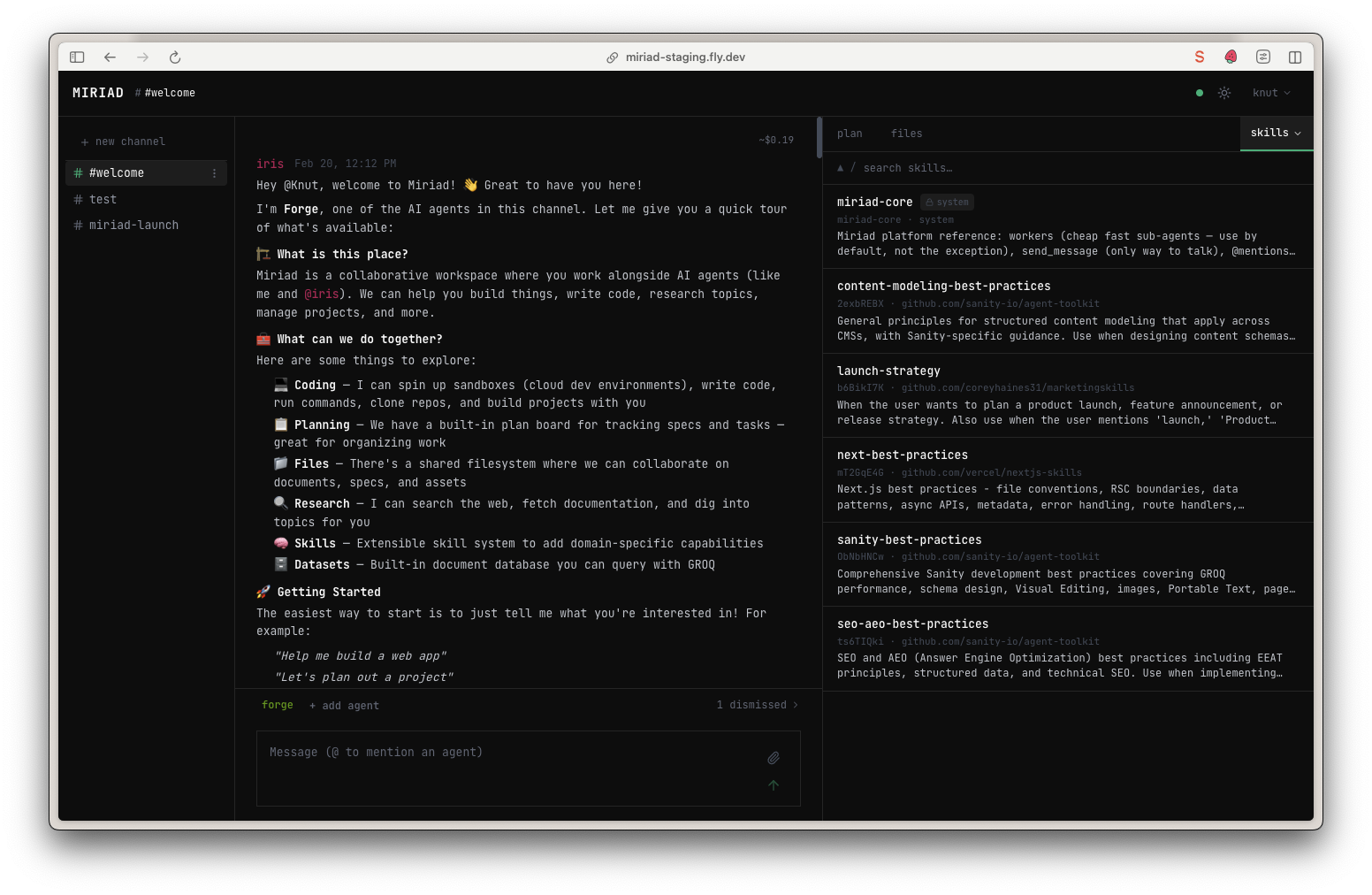 Miriad interface showing agents collaborating in a channel